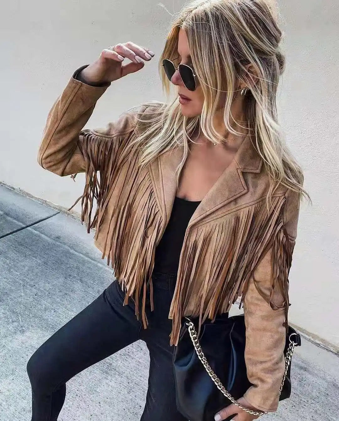 Women Vintage Faux Suede Tassel Cropped Jacket Long Sleeve