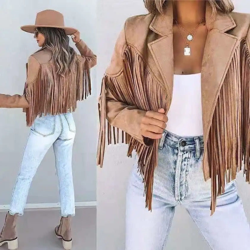 Women Vintage Faux Suede Tassel Cropped Jacket Long Sleeve