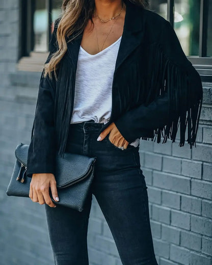 Women Vintage Faux Suede Tassel Cropped Jacket Long Sleeve