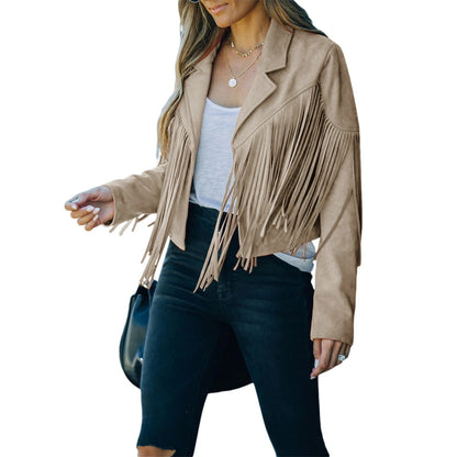 Women Vintage Faux Suede Tassel Cropped Jacket Long Sleeve