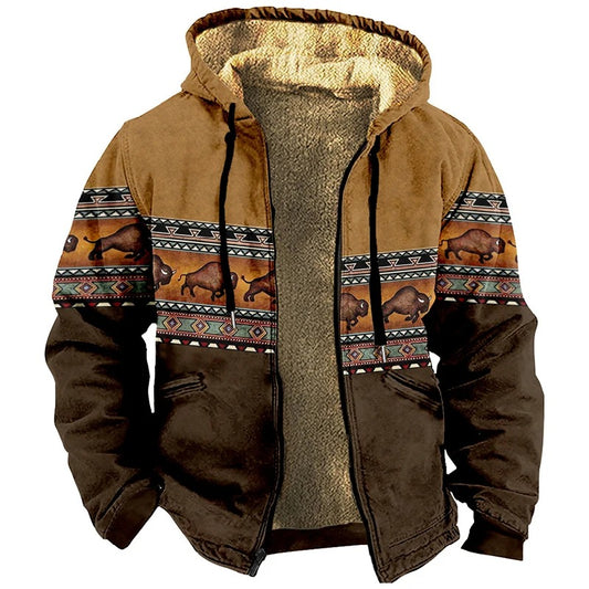 Vintage Winter Mens Bison Print Hooded Jacket