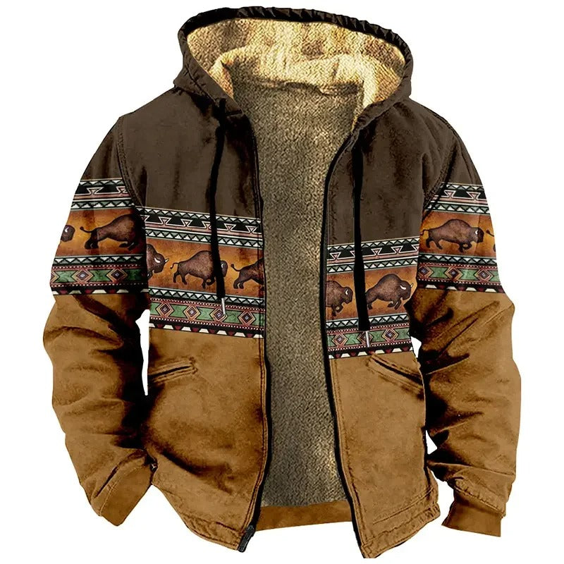 Vintage Winter Mens Bison Print Hooded Jacket