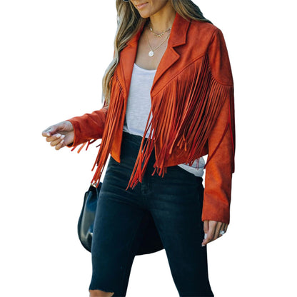 Women Vintage Faux Suede Tassel Cropped Jacket Long Sleeve